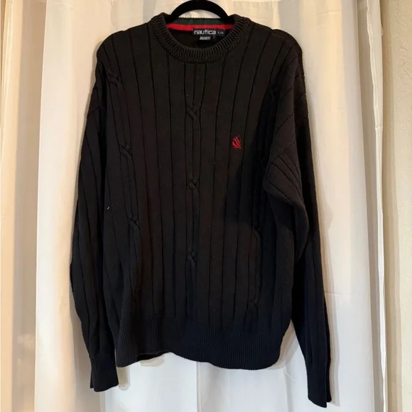 Vintage Nautica Cable Knit Sweater L Black 100% Cotton 90s Logo Crewneck - Picture 2 of 13